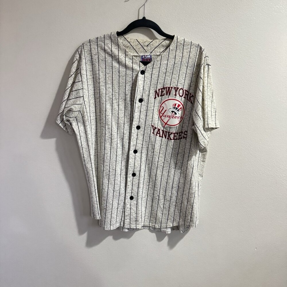 Vintage 80s 90s New York Yankees Baseball Jersey T-shirt XL Striped Gray Black